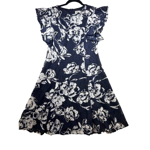 Eliza J Navy Blue Floral Short Flutter Sleeve Stretch Lace Mini Dress Womens 6 - Picture 1 of 12